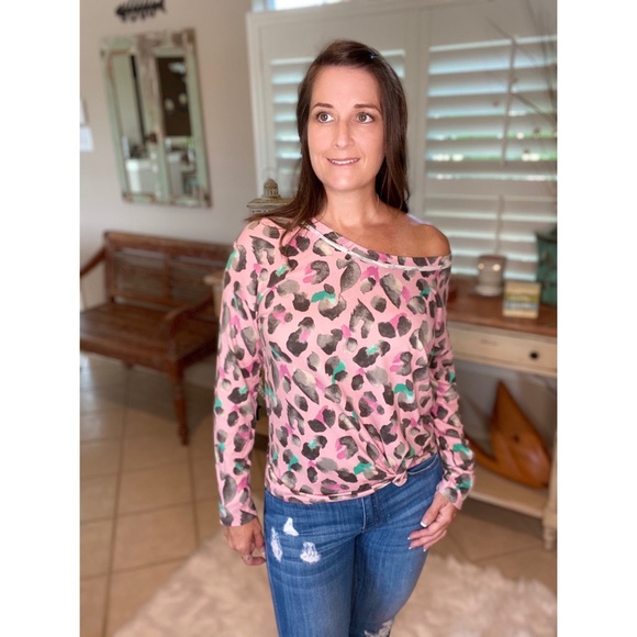Leopard Print Off Shoulder Long Sleeve Pink 3720 - Picture 3 of 10